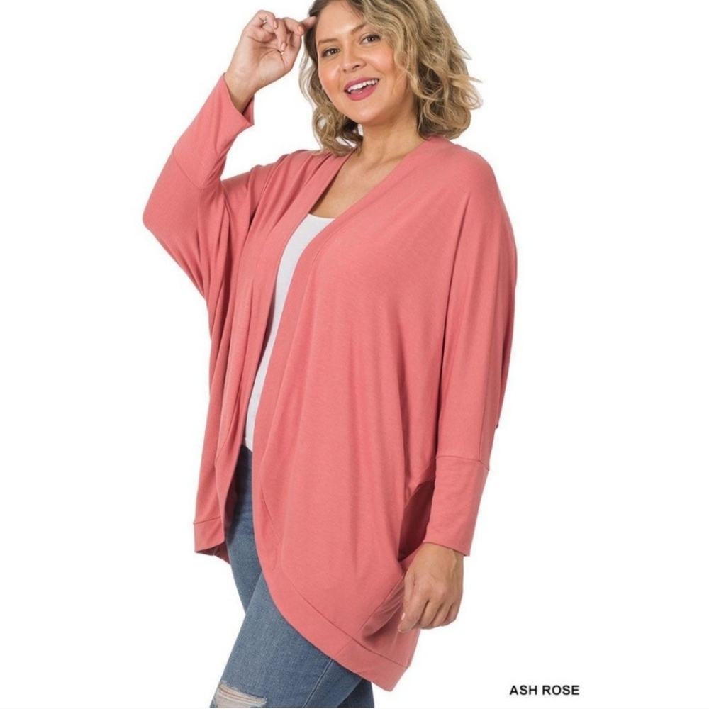 ZENANA PREMIUM Plus Cocoon Cardigan Sweater Duster 2X Open Front Ash Rose